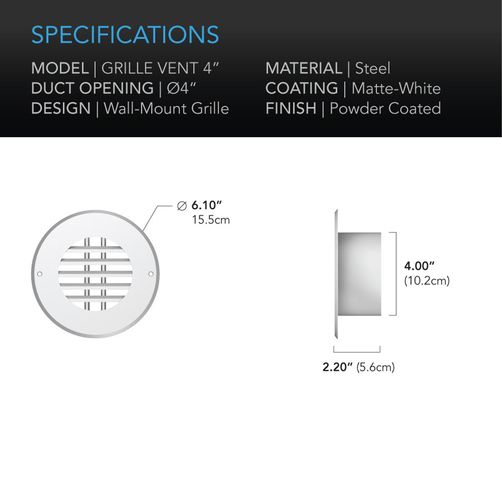 AC Infinity Wall-Mount Steel Duct Grille Vent - 4 Inch
