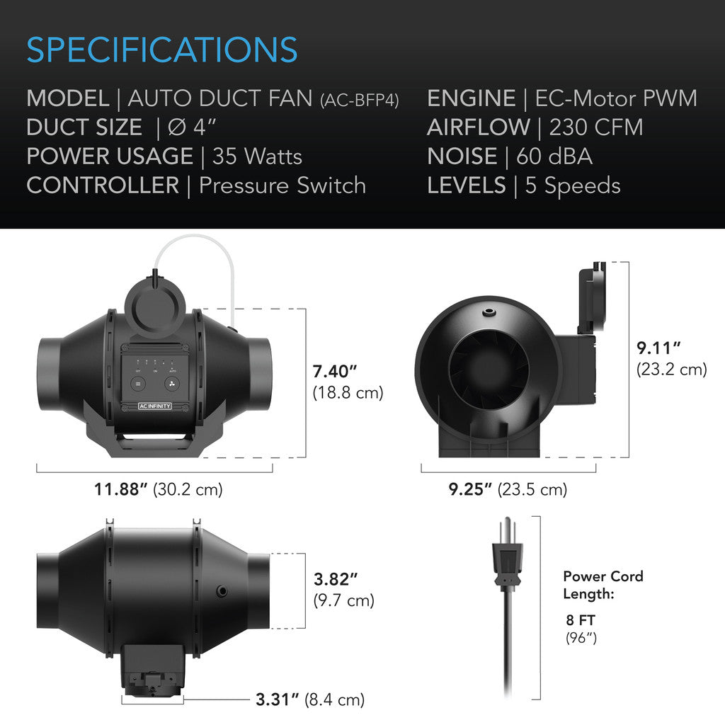 AC Infinity Automatic Booster Inline Duct Fan with Pressure Switch - 4 Inch