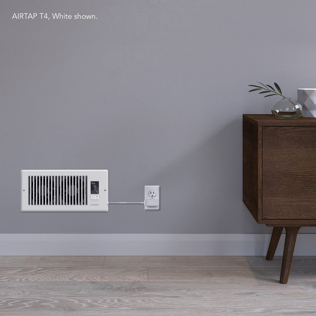 AC Infinity AirTap T4 Quiet Register Booster Fan System - White 4 Inch x 12 Inch Registers