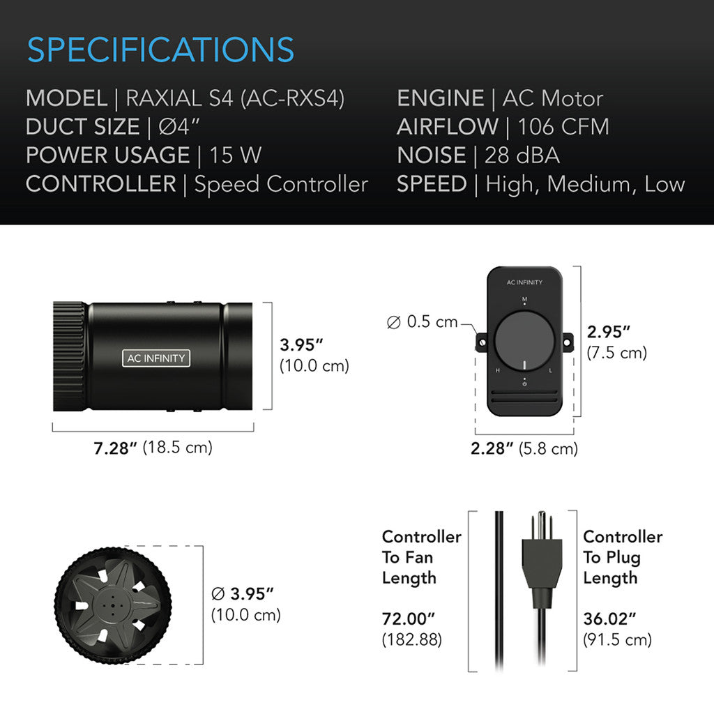 AC Infinity Raxial S4 Inline Booster Duct Fan with Speed Controller