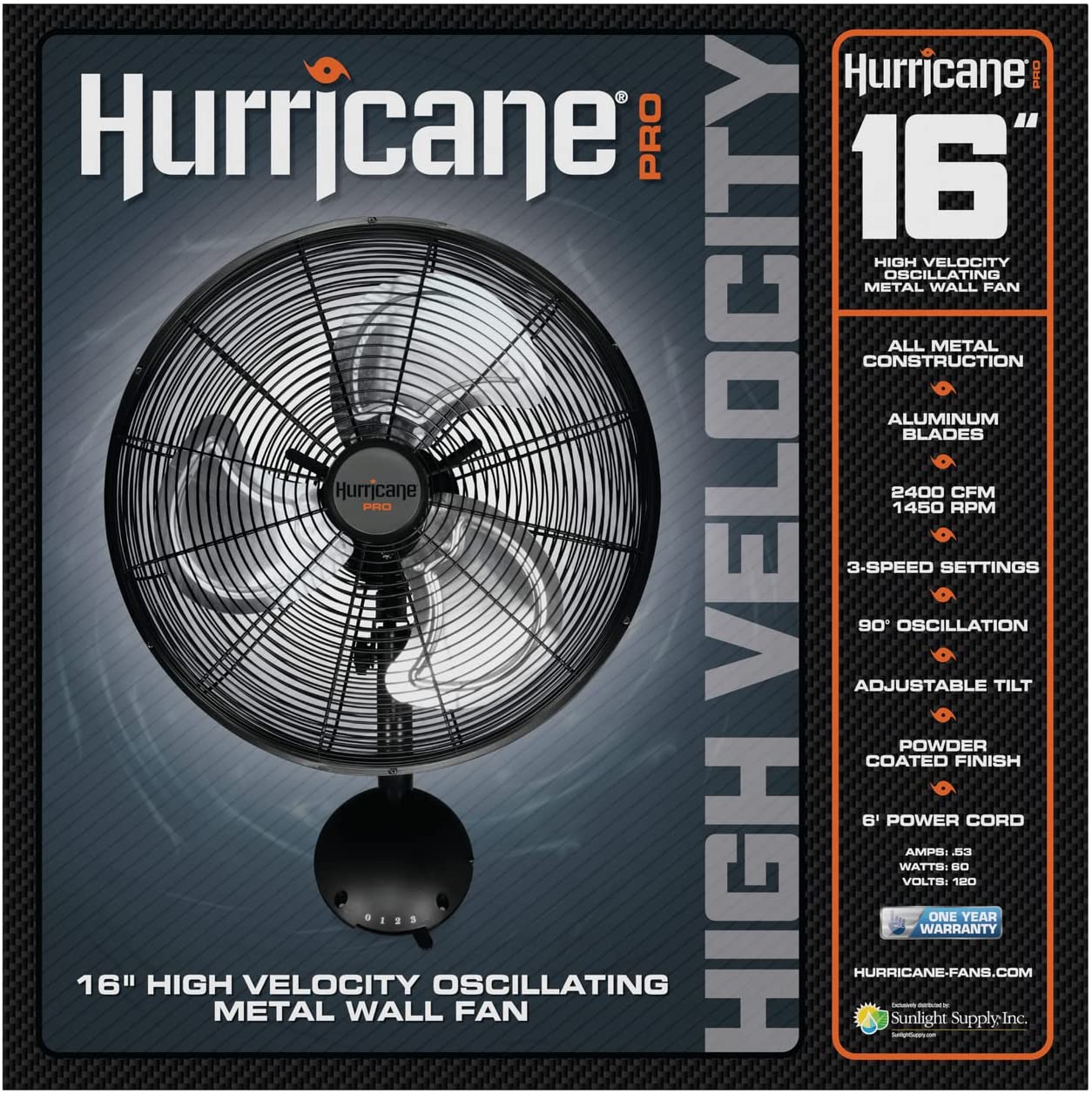 Hurricane Pro High Velocity Oscillating Metal Wall Mount Fan - 16 Inch