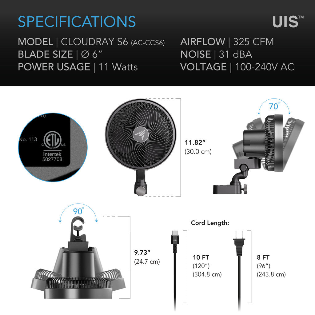 AC Infinity Cloudray S6 Gen 2 Auto Oscillation Clip Fans