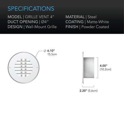 AC Infinity Wall-Mount Steel Duct Grille Vent - 4 Inch