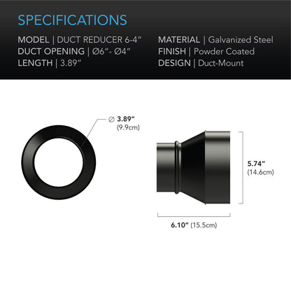 AC Infinity Galvanized Steel Duct Reducer - 6 Inch to 4 Inch Adapter Cone