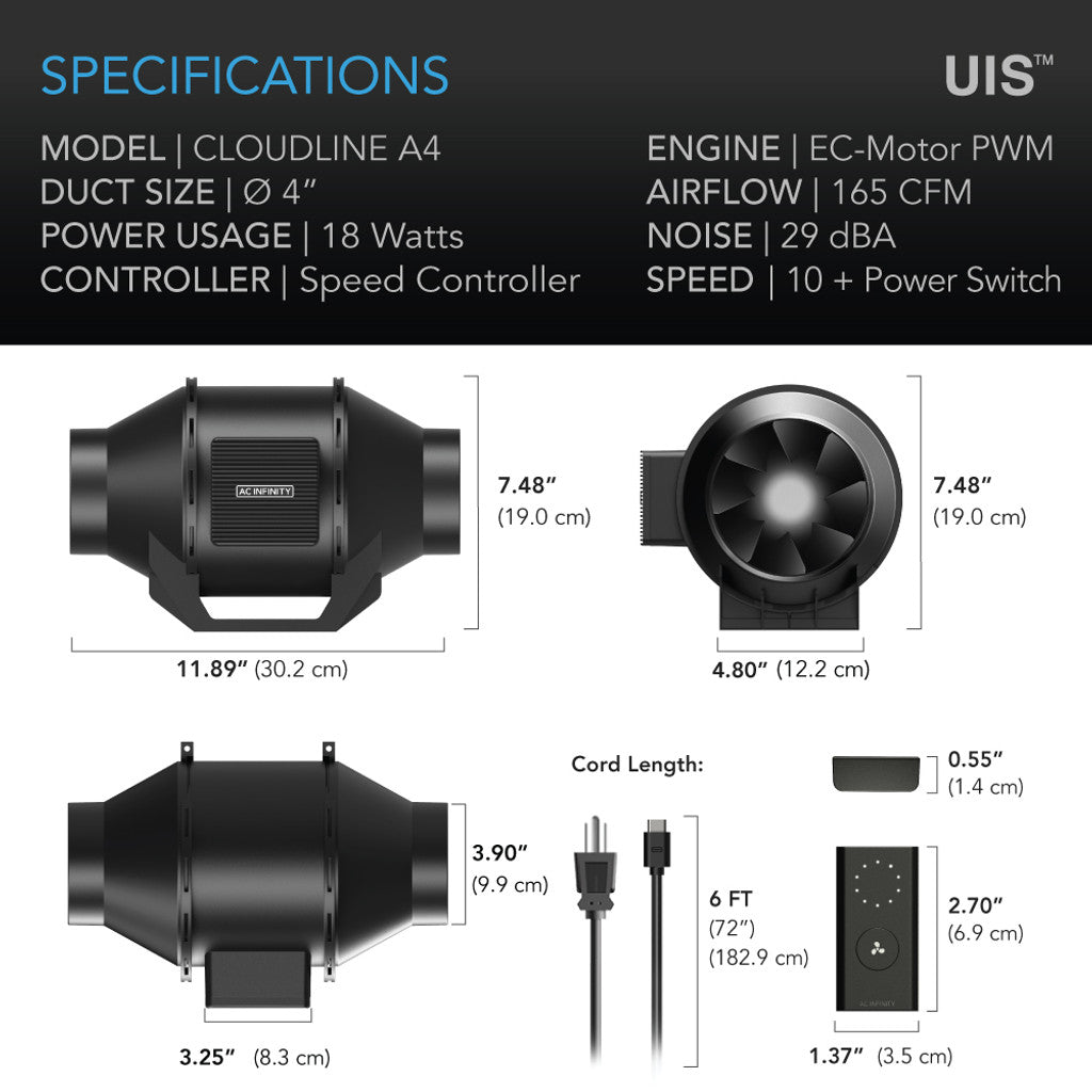 AC Infinity Cloudline Lite A4 Inline Fan with Speed Controller