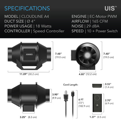 AC Infinity Cloudline Lite A4 Inline Fan with Speed Controller