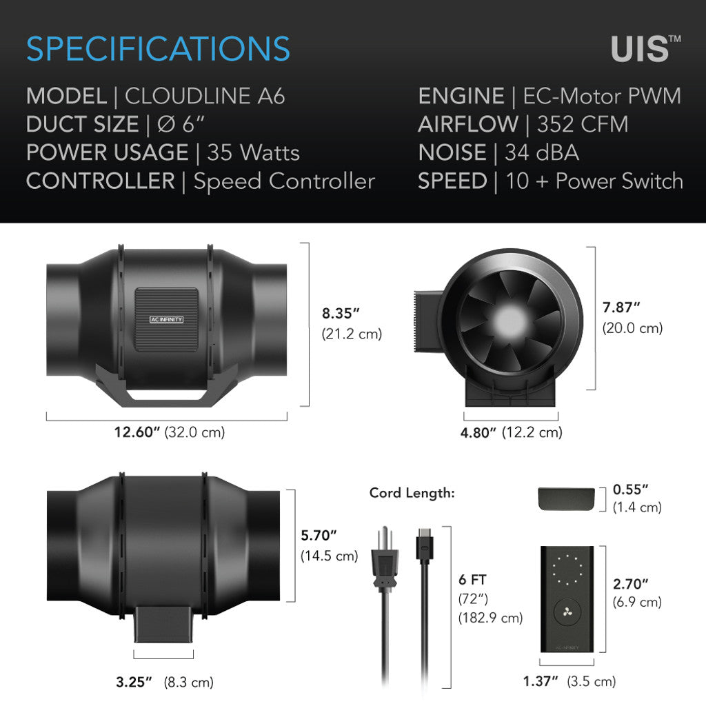 AC Infinity Cloudline Lite A6 Inline Fan with Speed Controller