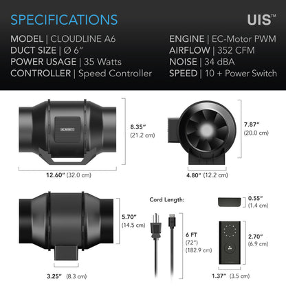 AC Infinity Cloudline Lite A6 Inline Fan with Speed Controller