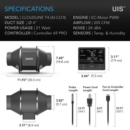 AC Infinity Cloudline T4 Inline Fan with Controller 69 Pro