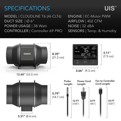 AC Infinity Cloudline Pro T6 Inline Fan with AI+ Controller