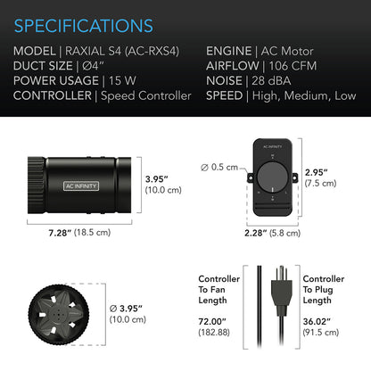 AC Infinity Raxial S4 Inline Booster Duct Fan with Speed Controller