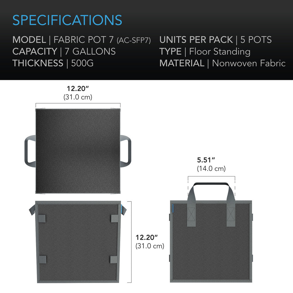 AC Infinity Heavy Duty Square Fabric Pots - 7 Gallon