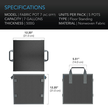AC Infinity Heavy Duty Square Fabric Pots - 7 Gallon