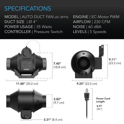 AC Infinity Automatic Booster Inline Duct Fan with Pressure Switch - 4 Inch