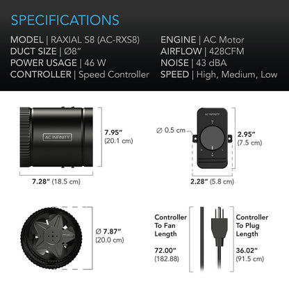 AC Infinity Raxial S8 Inline Booster Duct Fan with Speed Controller