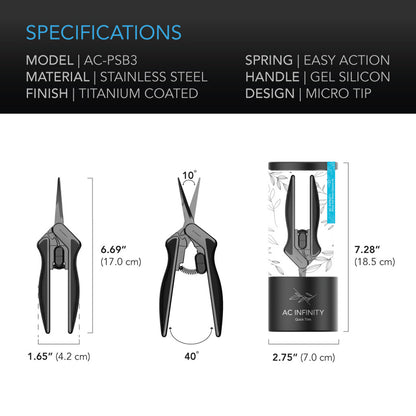 AC Infinity Ergonomic Straight Blades Stainless Steel Pruning Shear - 6.6" with Cleaning Kit
