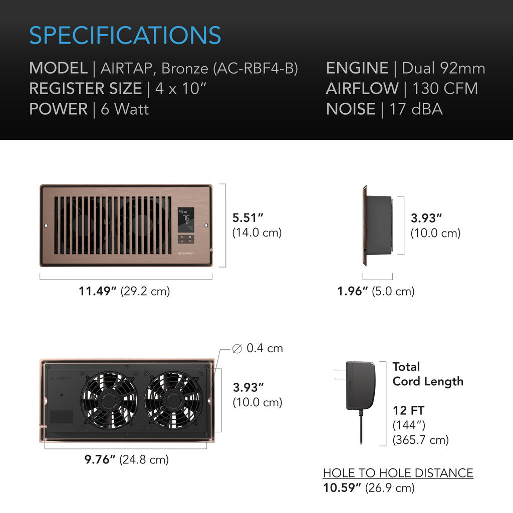 AC Infinity AirTap T4 Quiet Register Booster Fan System - Bronze 4 Inch x 10 Inch Registers