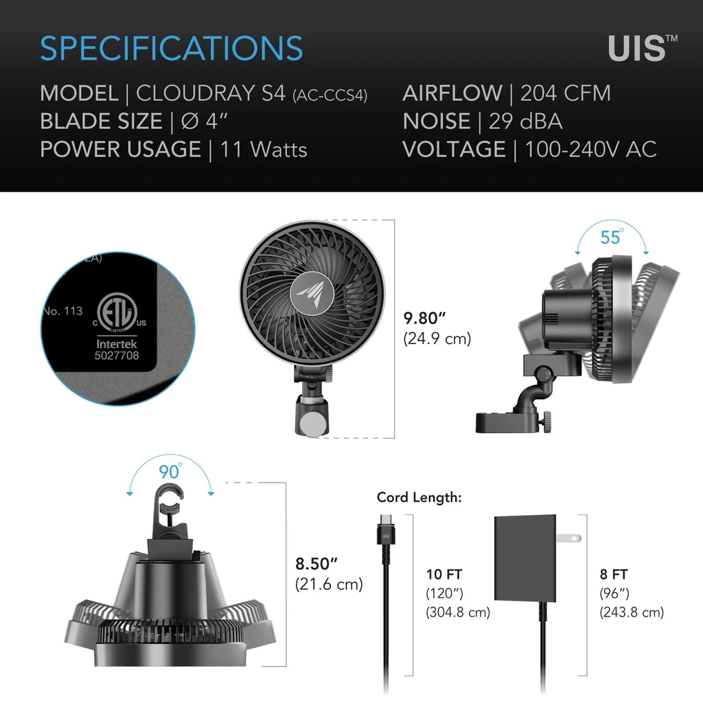 AC Infinity Cloudray S4 Auto Oscillation Clip Fans