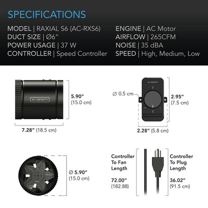 AC Infinity Raxial S6 Inline Booster Duct Fan with Speed Controller